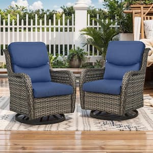 Crescent Gray Wicker Outdoor Rocking Chair Patio Swivel Chairs with CushionGuard Navy Blue Cushions (2-Pack)