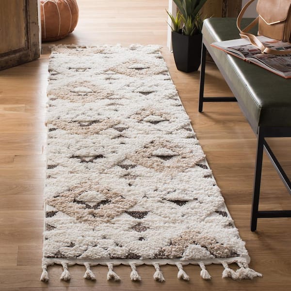 Moroccan Tassel Shag Ivory/Brown 2 ft. x 12 ft. Moroccan Runner Rug