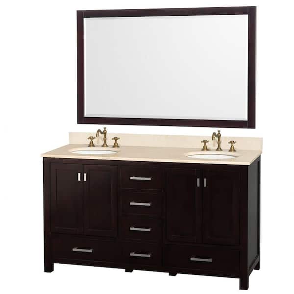 Wyndham Collection Abingdon 61 in. Double Vanity in Espresso with Marble Vanity Top in Ivory and Mirror-DISCONTINUED