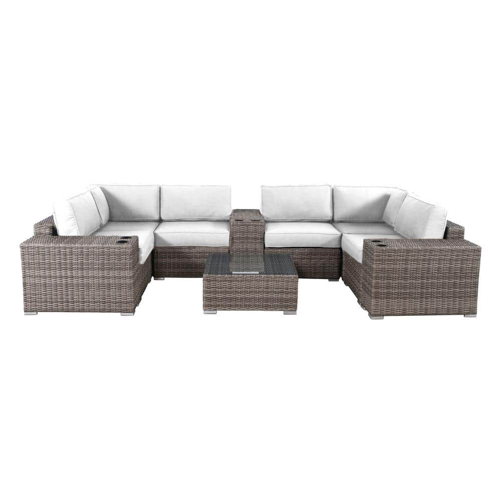 ITOPFOX Gray 12 Piece PE Rattan And Plastic Wicker Outdoor Sectional Set With Sunbrella White