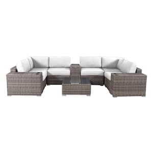Gray 12-Piece PE Rattan and Plastic Wicker Outdoor Sectional Set with Sunbrella White Cushions Side Table Cup Holder
