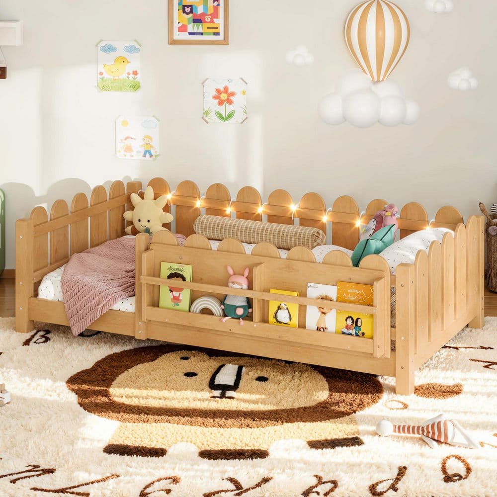 Natural Twin Kids Bed with Guardrail and Bookshelf,LED Lights price history on PriceWatchPro