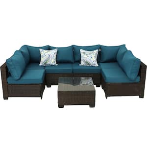 7 Pieces Outdoor Wicker Sofa Set, Patio Furniture sofa set, with Peacock Blue Cushions