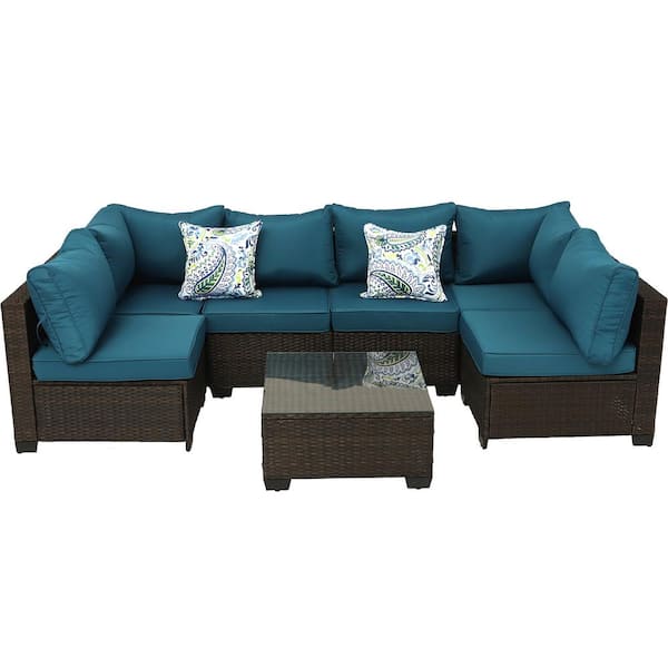 Sudzendf 7 Pieces Outdoor Wicker Sofa Set, Patio Furniture sofa set, with Peacock Blue Cushions