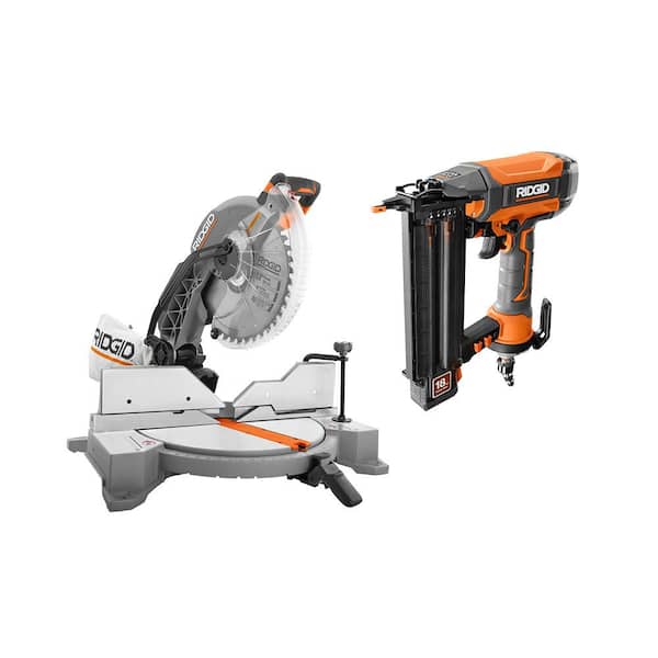 RIDGID 15 Amp Corded 12 in. Dual Bevel Miter Saw with LED and Pneumatic 18-Gauge 2-1/8 in. Brad Nailer with Tool Bag