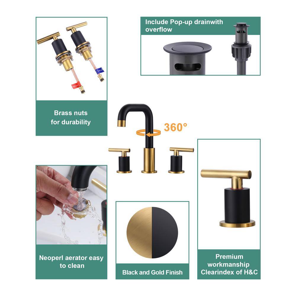 Matte Black and Brushed Gold 8-Inch Widespread Double Handle Bathroom Faucet