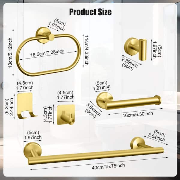 7-Piece Stainless Steel Gold Bathroom Hardware Kit Set with Hand Towel Bars, Toilet Paper Holders, Towel Rings, Hooks