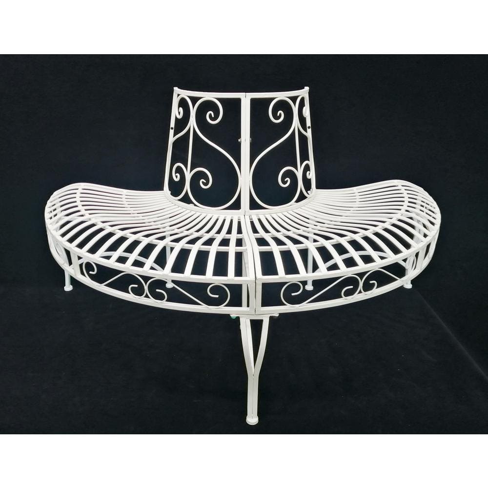 Elegant White Iron Semi-Circle Outdoor Bench