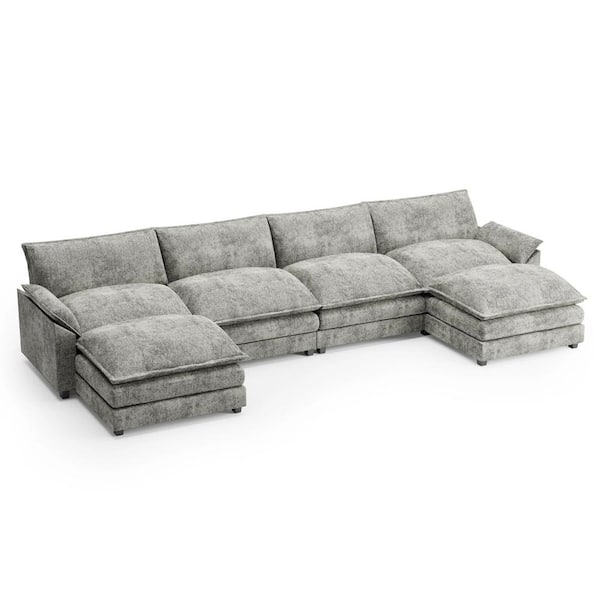154 in. Flared Arm Deluxe Pillow-Styled Chenille U-Shaped Modular Sectional Sofa in Paris Gray with Tow Ottomans