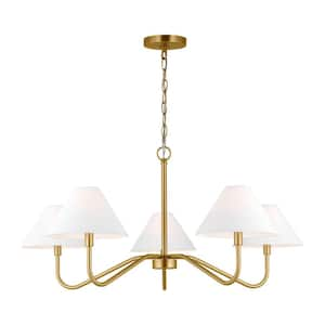 Eldon 5-Light Satin Brass Large Chandelier with White Linen Fabric Shades and No Bulbs Included