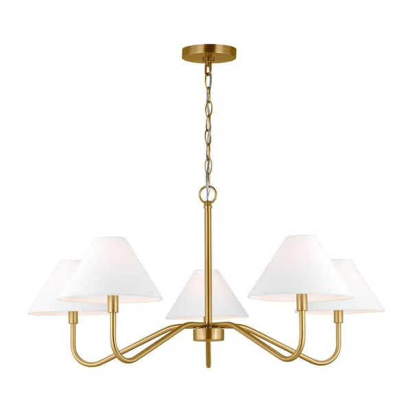 Eldon 5-Light Satin Brass Large Chandelier with White Linen Fabric Shades and No Bulbs Included