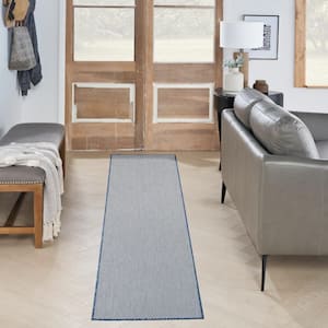 Courtyard Ivory Blue 2 ft. x 8 ft. Solid Geometric Contemporary Runner Indoor/Outdoor Area Rug