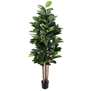 70- Inch Green Artificial Rubber Tree with Natural Feel Leaves in Pot