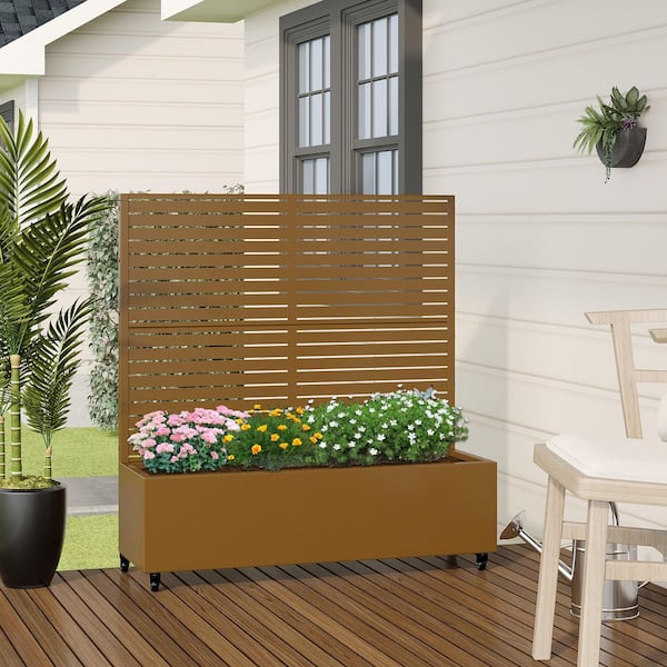 47 in. H x 47 in. W Rectanglar Brown Outdoor Metal Privacy Screen Planter Box Wall Decor in Louvered Pattern