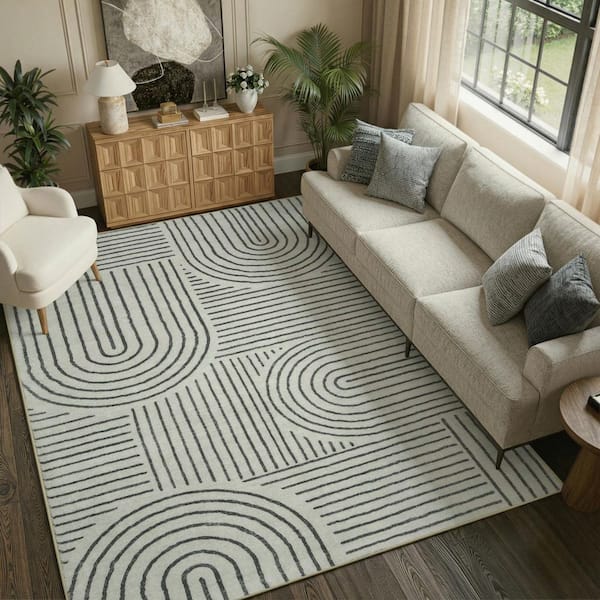 Abstract Rainbow Striped Washable Non-Slip Black 8 ft. x 10 ft. Living Room Bedroom Area Rug