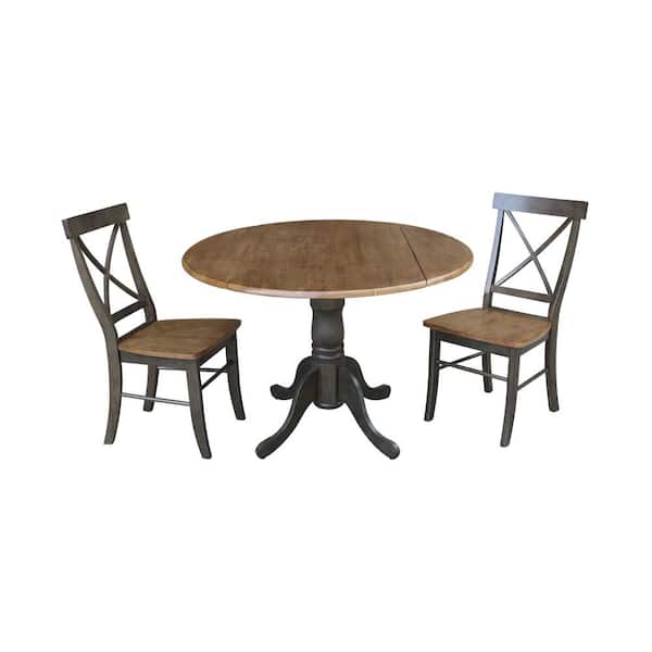 International Concepts Brynwood 3-Piece 42 in. Hickory/Coal Round Drop-Leaf Wood Dining Set with Alexa Chairs