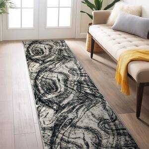 Distressed Abstract Area Rug Black 2 ft. 3 in. x 12 ft. Runner Rug