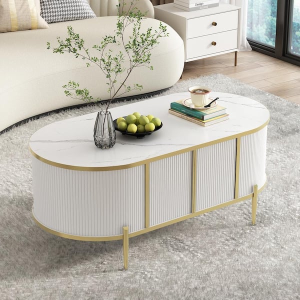 Modern Luxury 47.2 in. White Oval MDF Top Oval Shaped Fluted Coffee Table with Cabinets, Metal Legs