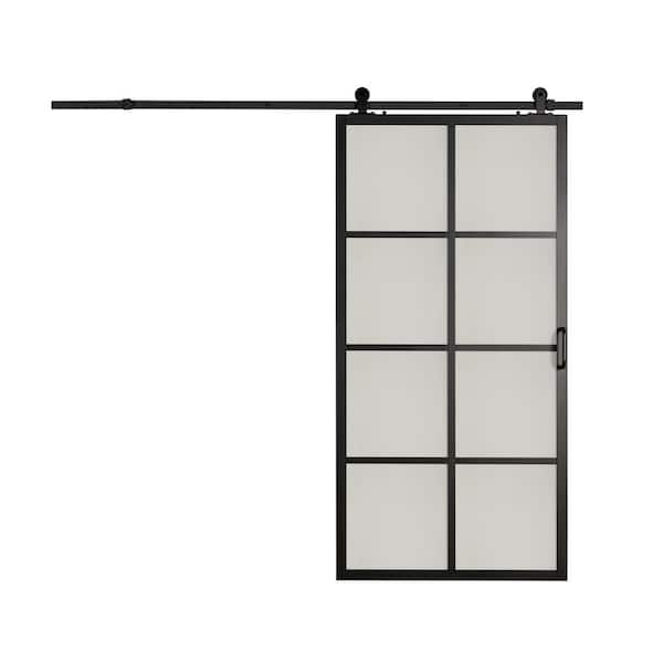 French 42 in. x 84 in. Full Lite Frosted Glass Black Frame Aluminum Sliding Barn Door with Hardware Kit