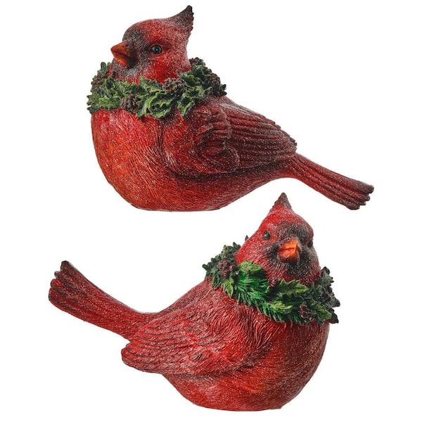 Red 7 in. x 4 in. Resin Glitter Cardinal with Holly Set of 2