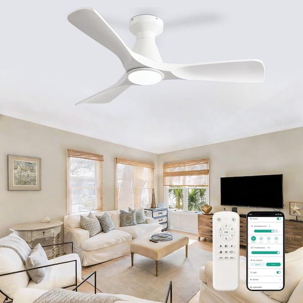 42 in. White 3 Blade Flush Mount Low Profile Ceiling Fan with Lights Indoor Outdoor Dimmable 3 CCT Included Remote APP