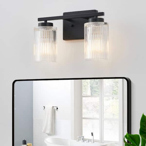13.3 in. 2-Light Painted Black Vanity Light with Clear Ribbed Glass Shade