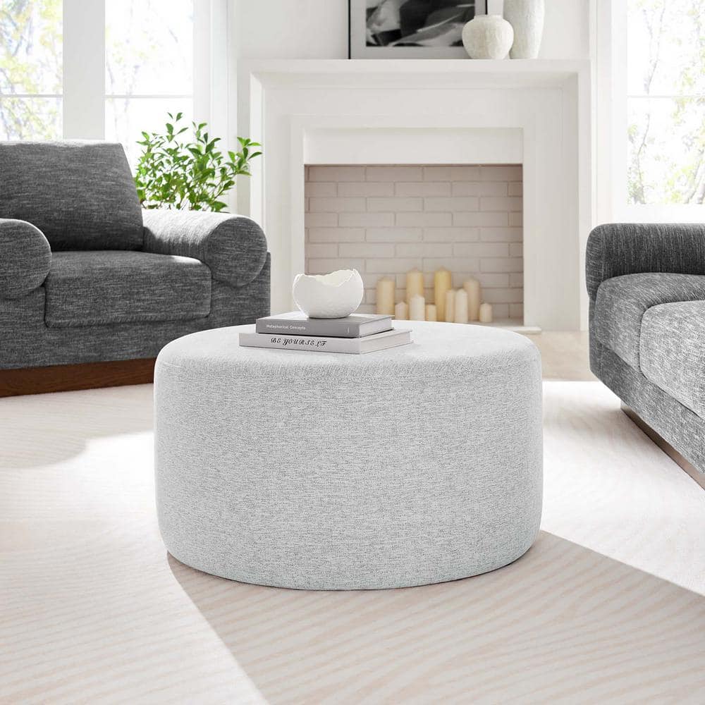 Modway Callum Large 29 Round Woven Heathered Fabric Upholstered Ottoman Heathered Weave Light Gray