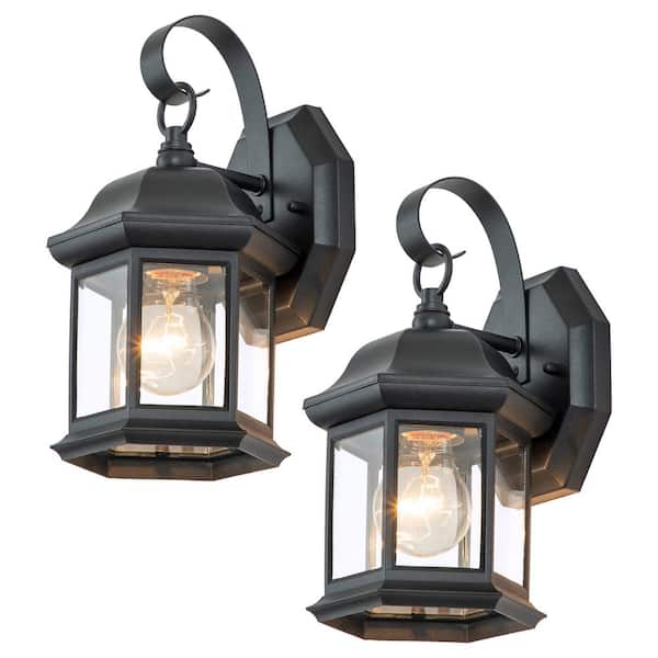 C Cattleya 1-Light Matte Black Hardwired Outdoor Wall Lantern Sconce with Tempered Clear Glass Panes(2-Pack)