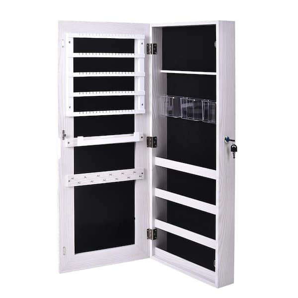 Outopee White Whole Surface Mirror Wall Hanging Lockable Jewelry Cabinet with 3-Storage Box 35 in. H x 15 in. W x 4 in. D