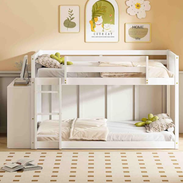 Polibi White Full Over Full Bunk Bed with 4 Drawers and 3 Shelves