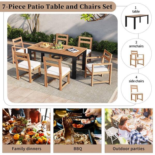 ぼぼ Light Teak 7-Piece Wood Outdoor Dining Set, Patio Dining