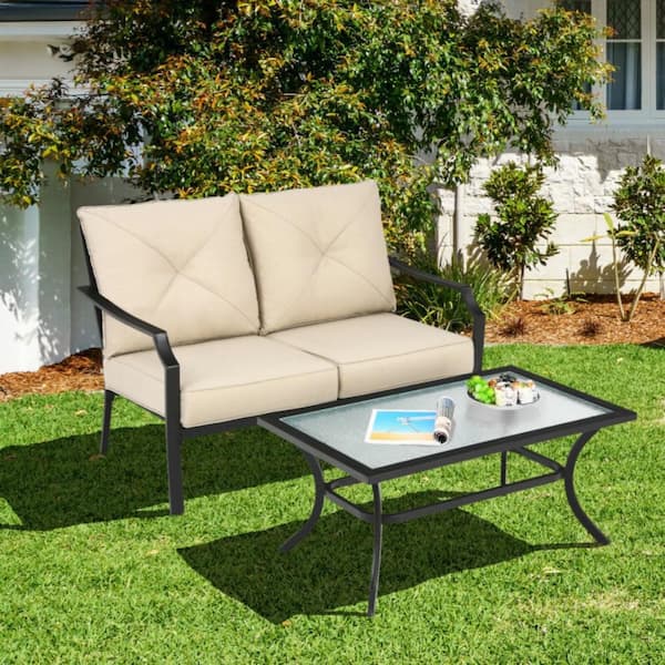Kadehome 2-Piece Metal Outdoor Loveseat with Beige Cushions and Coffee Table