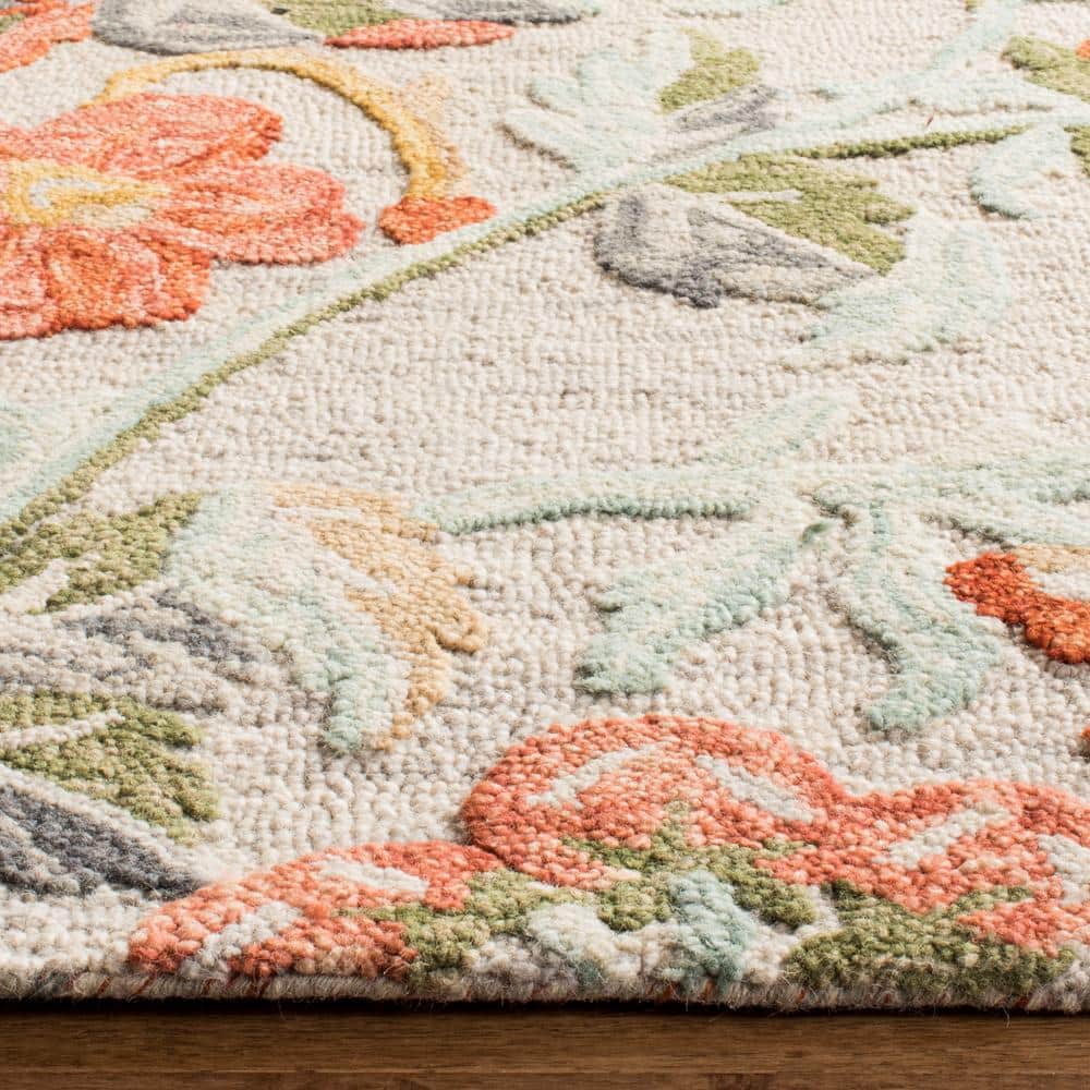Handmade Floral Wool Runner Rug in Red and Beige