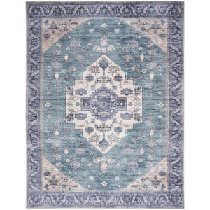 Teal Blue 9 ft. x 12 ft. Brilliance Machine Washable Vintage Persian Traditional Area Rug