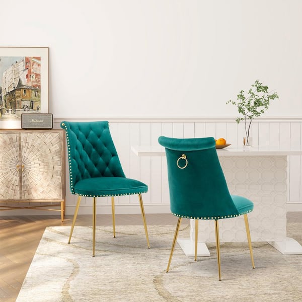 Green Modern Featured Velvet Dining Chair with Adjustable Legs and Metal Feet (Set of 2)