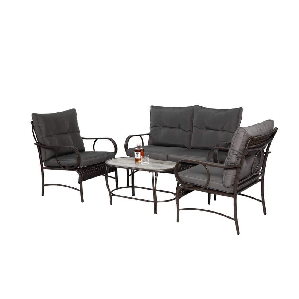 4-Piece Metal Patio Conversation Set with Gray Cushions and Coffee Table fo