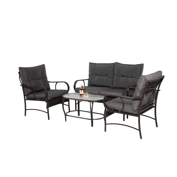 Unbranded 4-Piece Metal Patio Conversation Set with Gray Cushions and Coffee Table for Outdoor, Garden, Porch