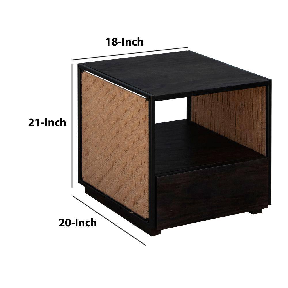 Cottage Charm Acacia Wood & Woven Jute Nightstand - Brown/Black