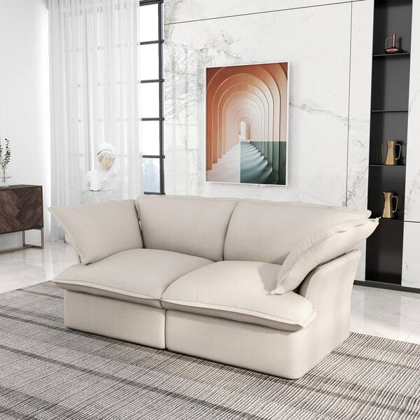 82.66 in. Cover Removable Down Filled Comfort Overstuffed Loveseat Linen Flannel Modular Sofa 2 Seater Beige