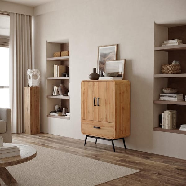 Brown 45.2 in. 2-Door Soft Close Buffet Cabinet with Black Metal Legs