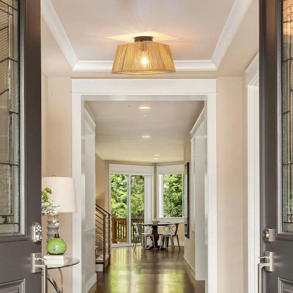 PAKOKULA Farmhouse 14 in. 1-Light Black Boho Flush Mount Ceiling