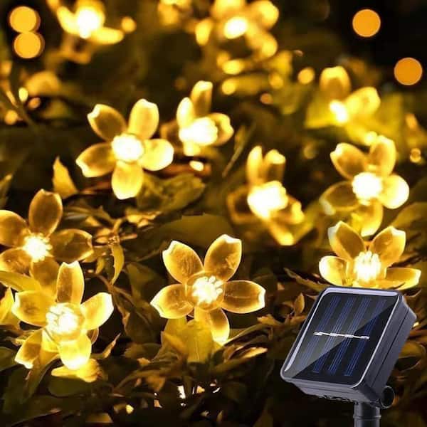 Warm White Plastic Outdoor Solar Flower String Lights