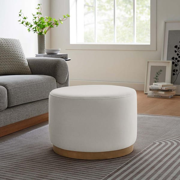 MODWAY Tilden Large 23 in. Round Performance Velvet Upholstered Ottoman in Alabaster Natural