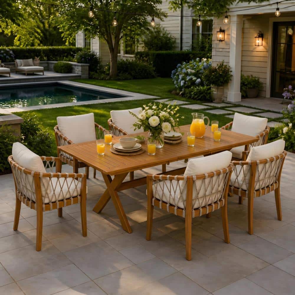 Teak 7-Piece Acacia Wood Outdoor Dining Set with Beige Cushions, 6 Chairs 1 Large Table for Lawn, Backyard price history on PriceWatchPro