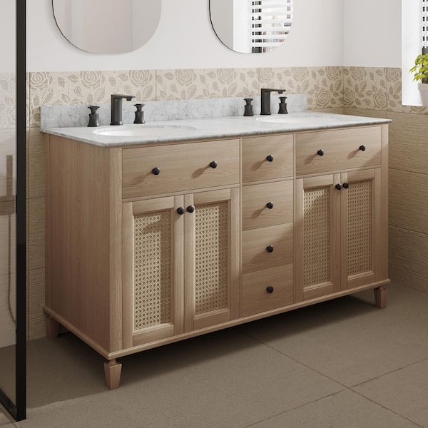 MEDUNJESS VLeaf 55 in. W x 22 in. D x 34.5 in. H Double Sinks Bath Vanity Cabinet in Weather Fir with Carrara Marble Top