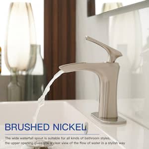 Waterfall Single Hole Single-Handle Low-Arc Bathroom Faucet With Deck Plate in Brushed Nickel