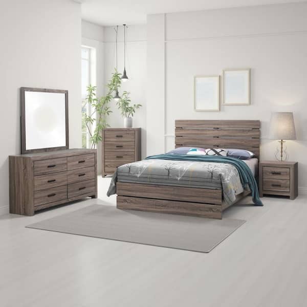 Sili 5-Piece Oak Brown Wood Queen Size Bedroom Set
