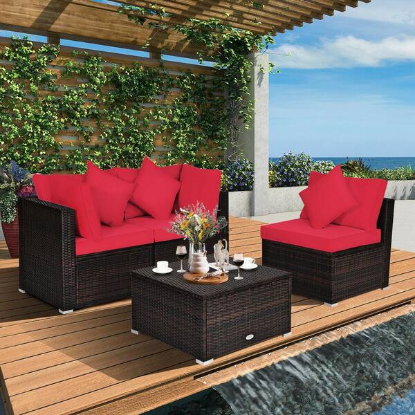 Liviza 4-Piece Outdoor Wicker Patio Conversation Set Brown Finish with Red Cushions and Pillows