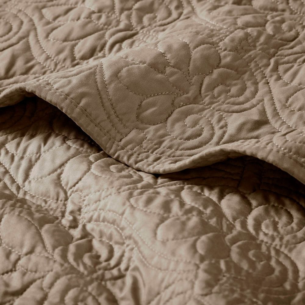 Khaki Cotton Quilted Throw Blanket with Floral Motif