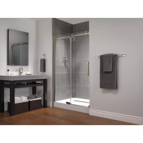 Classic 48 in. x 72 in. Frameless Sliding Shower Door in Stainless with 48 in. x 36 in. Base in White